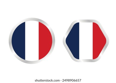 Flag of France icons collection. Flat stickers shape on white frame circle and polygon, vector elements on white background.