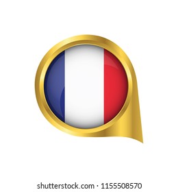 Flag of France, location map pin, pointer flag France, button gold, Icon country . Vector Illustration EPS10.