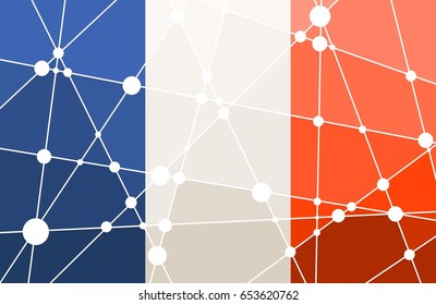 Flag of the France. Low poly concept triangular style. Molecule And Communication Background. Connected lines with dots. Gradient effect