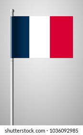 Flag of France. National Flag on Flagpole. Isolated Illustration on Gray Background