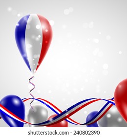 Flag of France on balloon. Celebration and gifts. Ribbon in the colors are twisted Balloons on the feast of the national day. 