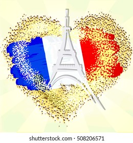 Flag of France on grunge heart with Eiffel tower. Vector Illustration.