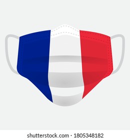 Flag of France on medical face mask Front side vector isolated on white background. EPS.file. Medical face mask concept protect people in country from virus.