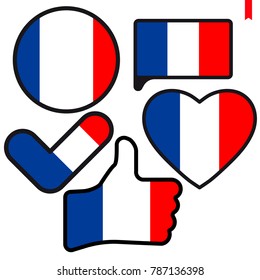 Flag of France  in the shape of Button, Heart, Like, Check mark, flat style, symbol of love for his country, patriotism, icon for Independence Day.