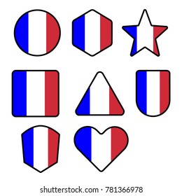 Flag of France in the shape of Button, Hexagon, Star, 
Rectangle, Triangle, Shield, Heart,  Flat Style
