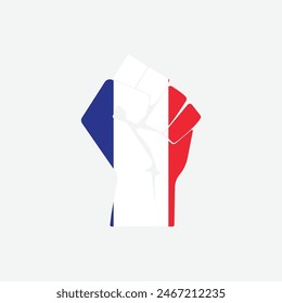 Flag of France in the shape of raised hand sign isolated on background. Fist symbol modern, simple, vector, icon for website design, mobile app, ui. Vector Illustration