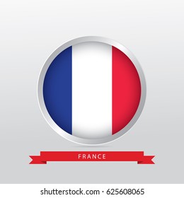 Flag of France in shiny circle with red ribbon on gradient gray background.