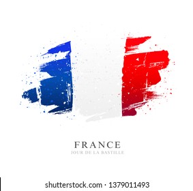 Flag of France. Vector illustration on white background. Brush strokes drawn by hand. Independence Day. Bastille Day.