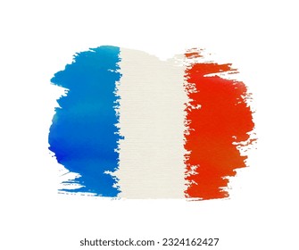 Bandera de Francia en mancha de acuarela. Colores de agua texturados en el fondo en colores franceses para el 4 de julio de vacaciones, diseño del Día de la Bastilla. Lavado con salpicadura de bolas con textura de papel