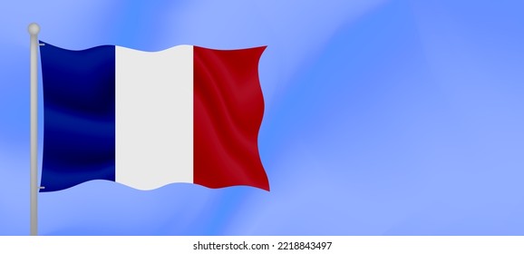 Flag of France waving against the blue sky. Horizontal banner design with France flag with copy space. Vector illustration