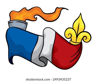 Flag of France waving, hanging from lit torch and golden fleur-de-lis symbol, for the Summer Games in Paris. Cartoon style design.