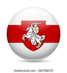 Flag of Freedom Belarus as a Round Glossy Icon. Button with The Pahonia Against the Background of the white-red-white flag. Historical coat of arms of Belarus and the Grand Duchy of Lithuania