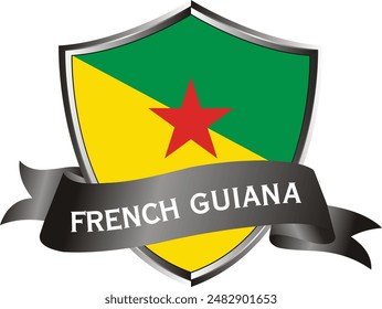 Flag of french guiana as around the metal silver shield with french guiana flag