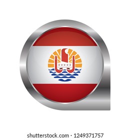 Flag of French Polynesia, location map pin, pointer flag, button with the reflection of light and shadow, silver frame, Icon country. Realistic vector illustration on white background.
