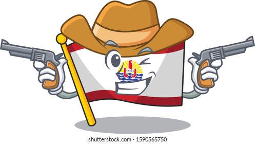 Flag french polynesia Scroll mascot performed as a Cowboy with guns