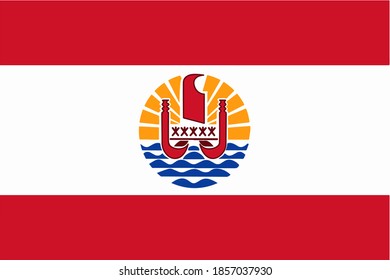 
Flag of French Polynesia. Three horizontal stripes. The red stripe is at the top and bottom, the white stripe is in the middle. The circle of the sun's rays, waves and the ship is in the center
