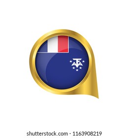 Flag of French Southern and Antarctic Lands, location map pin, pointer flag French Southern and Antarctic Lands, button gold, Icon country . Vector Illustration EPS10.