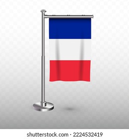 Bandera del francés. Ilustración vectorial de una bandera vertical colgante con mástil en un fondo transparente (PNG).
