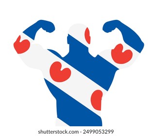 Flagge von Friesland unteren muskulösen Mann Vektor Silhouette Illustration einzeln. Freie Liebe Freiheit öffnen Geist. Frisia Provinz in den Niederlanden. Friesland-Symbol. Boy Open Minder Bodybuilder Form Schatten.