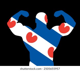 Flagge von Friesland unteren muskulösen Mann Vektor Silhouette Illustration einzeln. Freie Liebe Freiheit öffnen Geist. Frisia Provinz in den Niederlanden. Friesland-Symbol. Boy Open Minder Bodybuilder Form Schatten.