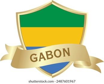 Flag of gabon as around the metal gold shield with gabon flag