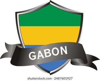 Flag of gabon as around the metal silver shield with gabon flag