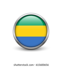 Flag of Gabon, button with metal frame and shadow