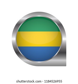 Flag of Gabon, location map pin, pointer flag, button with the reflection of light and shadow, silver frame, Icon country. Realistic vector illustration on white background.