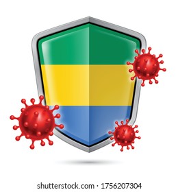 Flag of Gabon on Metal Shiny Shield Icon and Red Corona Virus Cells. Concept of Health Care and Safety Badge. Security Safeguard Metal Label with Gabonese flag