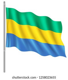 Flag of Gabon with flag pole waving in wind. Vector illustration
