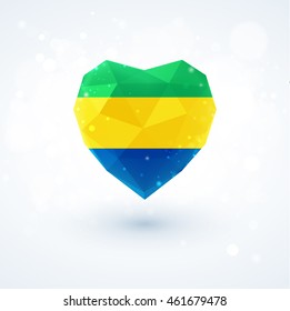 Flag of Gabon in shape of diamond glass heart in triangulation style for info graphics, greeting card, celebration of Independence Day, printed materials 