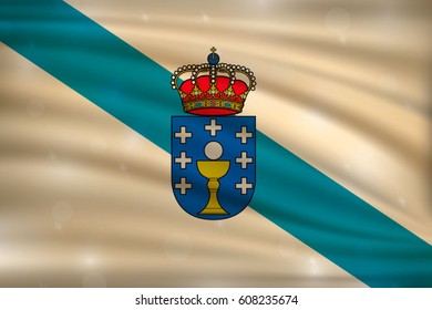 flag of Galicia, autonomous communities of the Spain, on wavy silk background with bokeh lights. Realistic vector illustration 