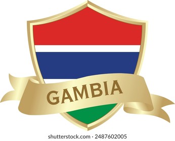 Flag of gambia as around the metal gold shield with gambia flag