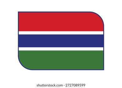 Bandera de Gambia con rayas Horizontales rojas, blancas, azules, blancas y verdes. Conjunto contra superficie blanca pura con bordes redondeados y borde azul marino.