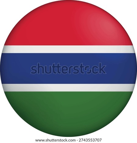 Flag of Gambia. Glossy circular flag. Button appearance. 3D Icon Design with depth. Professional, tactile look. Perfect for representing national identity in digital interfaces and perfect for websites.