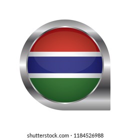 Flag of Gambia, location map pin, pointer flag, button with the reflection of light and shadow, silver frame, Icon country. Realistic vector illustration on white background.