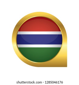 Flag of Gambia, location map pin, pointer flag, button with the reflection of light and shadow, gold frame, Icon country. Realistic vector illustration on white background.