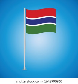Flag of Gambia on a stand, developing in the wind, isolated on a blue background. Vector illustration eps 10.