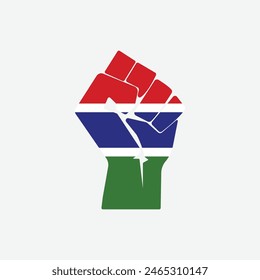 Bandera de Gambia en forma de señal de mano levantada aislada en el fondo. Fist symbol moderno, simple, Vector, ícono para diseño de Sitio web, App móvil, ui. Ilustración vectorial