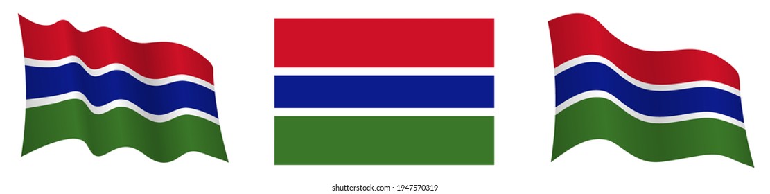 flag of Gambia in static position and in motion, fluttering in wind in exact colors and sizes, on white background