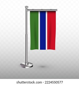 Flag of Gambia. Vector illustration of a vertical hanging flag with flagpole on a transparent background (PNG).