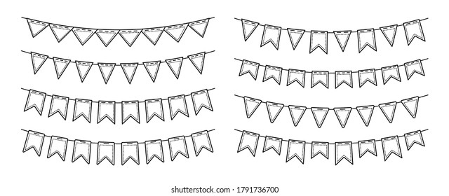 Flag garland bunting birthday party flat multicolored set. Buntings pennants for celebration, festival decoration. Anniversary, celebration party hanging flags cartoon collection. Vector illustration