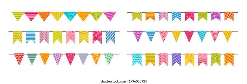 Flag Garland Bunting Birthday Party Flat Set. Anniversary, Celebration Party Hanging Pattern Flags Cartoon Collection. Buntings Pennants Celebration, Festival Decoration. Isolated Vector Illustration