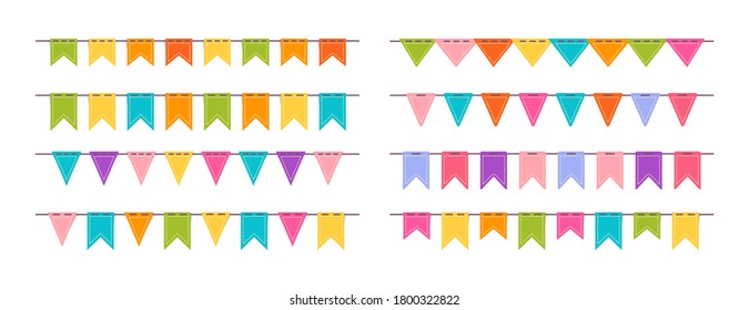 Flag garland bunting birthday party flat set. Anniversary, celebration party hanging flags cartoon collection. Buntings pennants for celebration, festival decoration. Isolated vector illustration