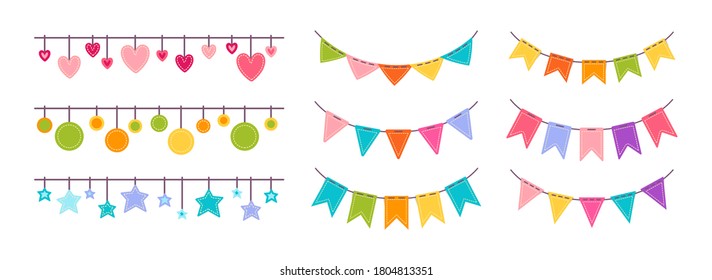 Flag garland bunting heart, star birthday party flat set. Anniversary, celebration party hanging flags cartoon collection. Buntings pennants, festival decoration. Isolated vector illustration