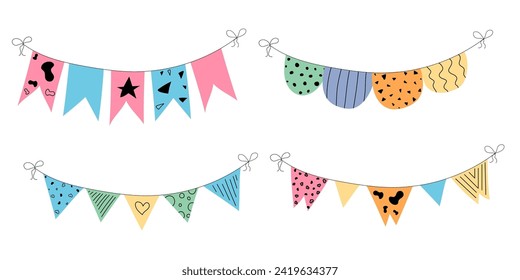 Flag garland bunting heart, star birthday party flat set. Anniversary, celebration party hanging flags cartoon collection. Buntings pennants, festival decoration. Isolated vector illustration