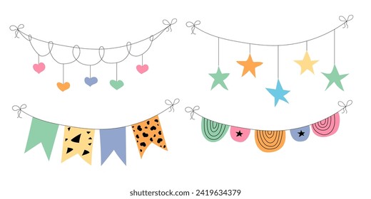 Flag garland bunting heart, star birthday party flat set. Anniversary, celebration party hanging flags cartoon collection. Buntings pennants, festival decoration. Isolated vector illustration