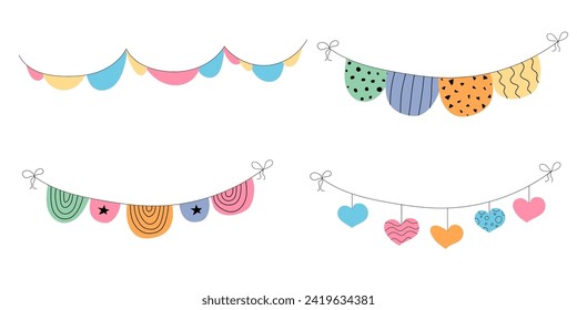 Flag garland bunting heart, star birthday party flat set. Anniversary, celebration party hanging flags cartoon collection. Buntings pennants, festival decoration. Isolated vector illustration