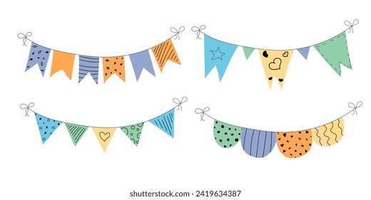 Flag garland bunting heart, star birthday party flat set. Anniversary, celebration party hanging flags cartoon collection. Buntings pennants, festival decoration. Isolated vector illustration