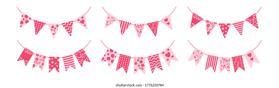 Flag Garland Bunting Party Set. Valentine Day Buntings Pennants For Celebration, Festival. Pink Hanging Flags Party, Cartoon Flat Collection. Decoration Holiday Surprise. Isolated Vector Illustration